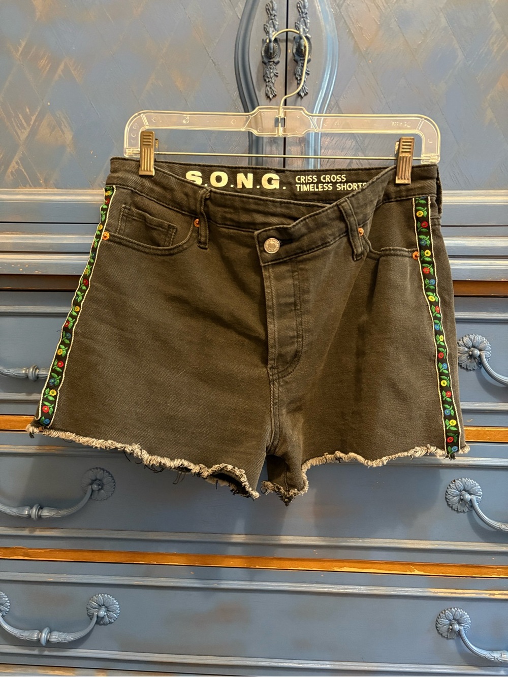 Black Denim Frayed Hem Shorts with Brocade Vintage Ribbon Side Trim